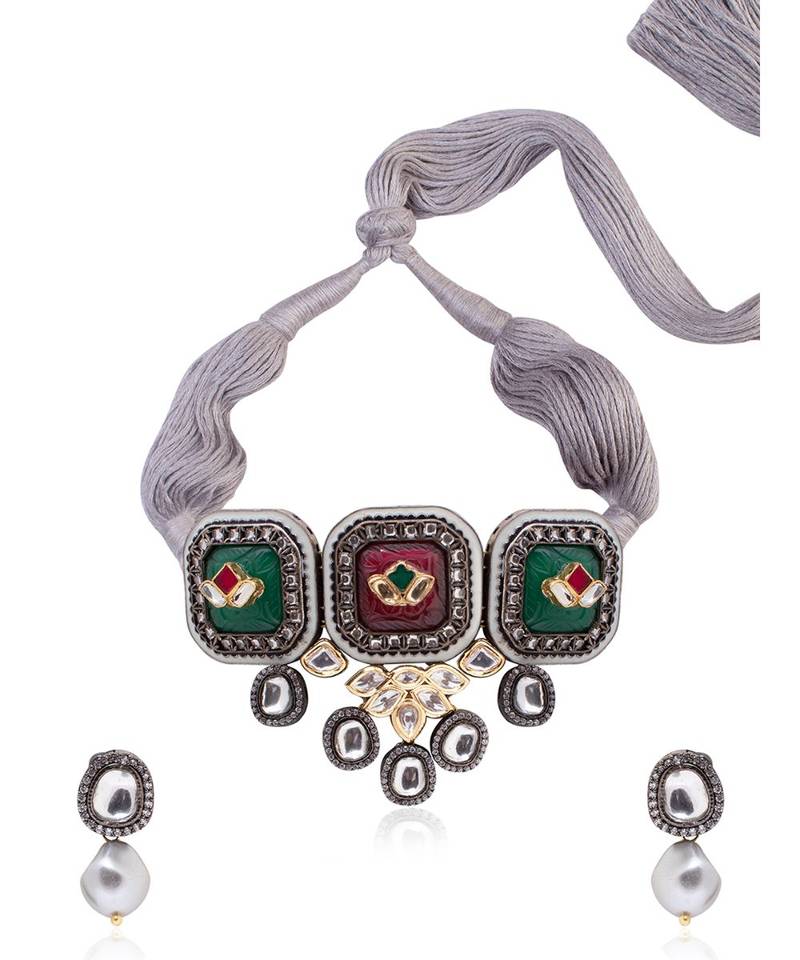 Green kundan Yellow Gold Brass   Necklace &  Pair of Earring