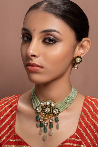 Green kundan Yellow Gold Brass   Necklace &  Pair of Earring