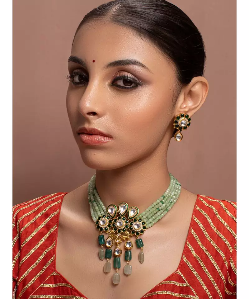 Green kundan Yellow Gold Brass   Necklace &  Pair of Earring