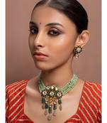 Green kundan Yellow Gold Brass   Necklace &  Pair of Earring