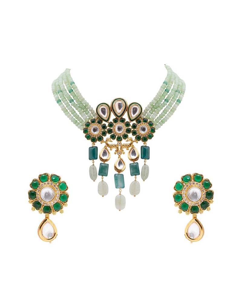 Green kundan Yellow Gold Brass   Necklace &  Pair of Earring
