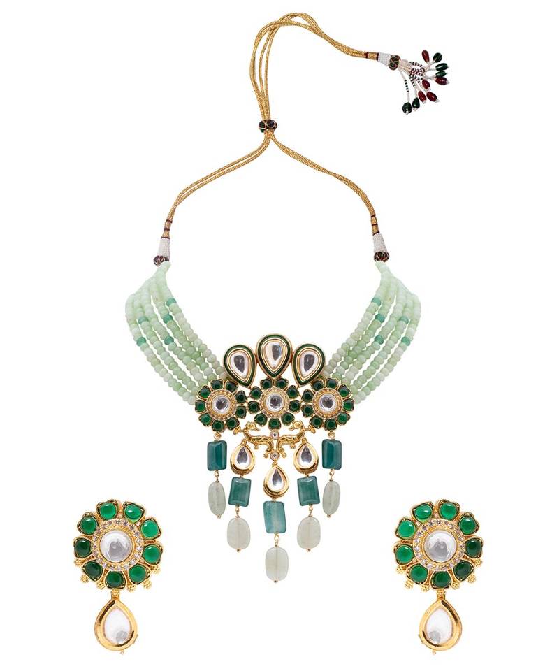 Green kundan Yellow Gold Brass   Necklace &  Pair of Earring