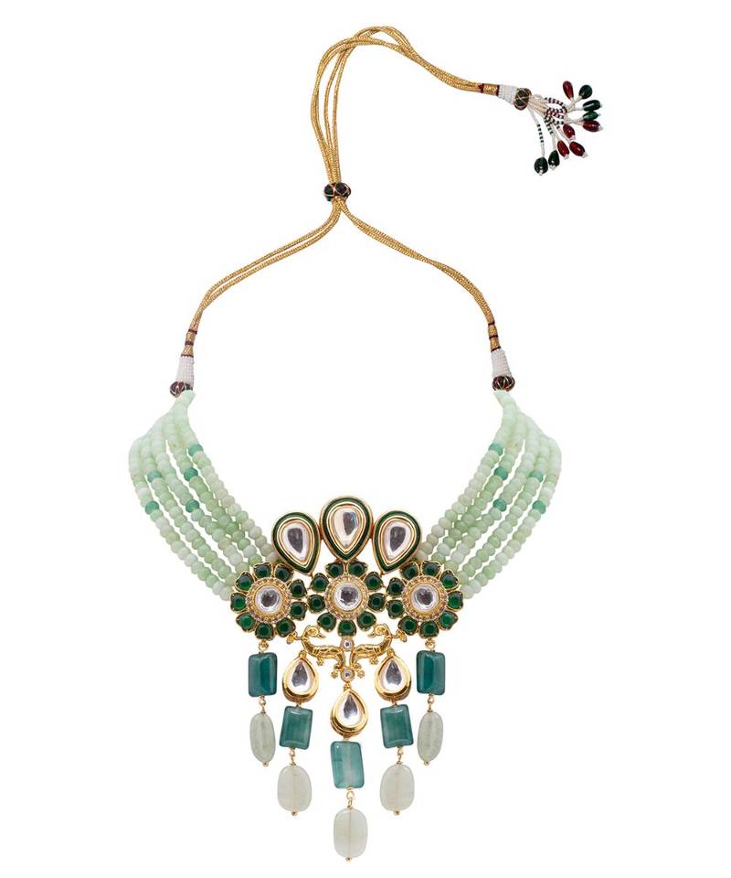 Green kundan Yellow Gold Brass   Necklace &  Pair of Earring