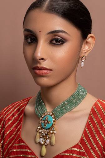 Green kundan Yellow Gold Brass   Necklace &  Pair of Earring