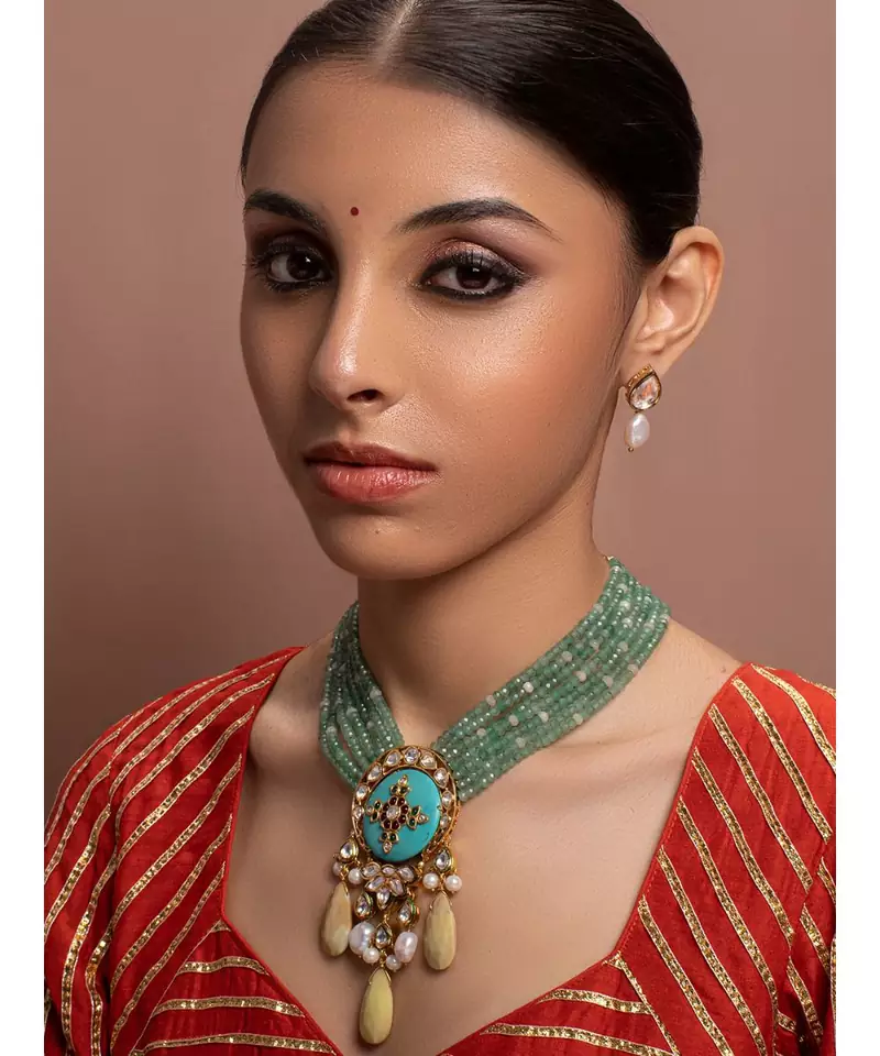Green kundan Yellow Gold Brass   Necklace &  Pair of Earring