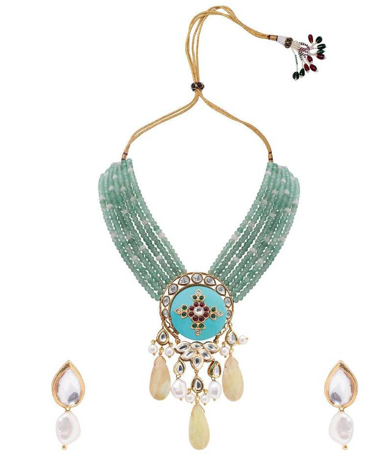 Elegant Green Turquoise And Yellow Necklace Set
