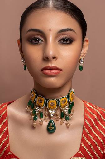 Ocre kundan Yellow Gold Brass   Necklace &  Pair of Earring