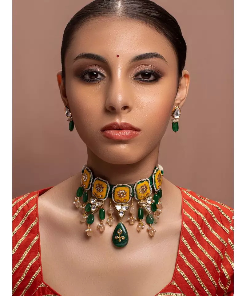 Ocre kundan Yellow Gold Brass   Necklace &  Pair of Earring