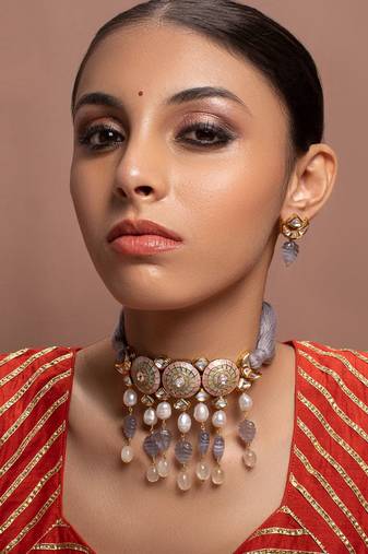 Grey kundan Yellow Gold Brass   Necklace &  Pair of Earring