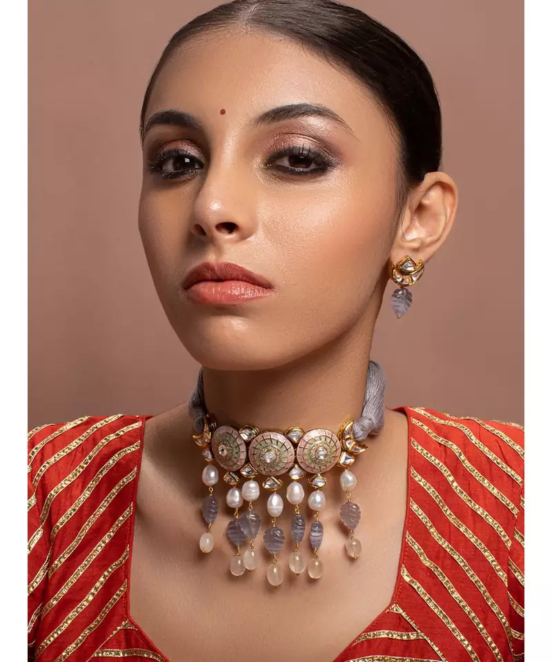 Grey kundan Yellow Gold Brass   Necklace &  Pair of Earring