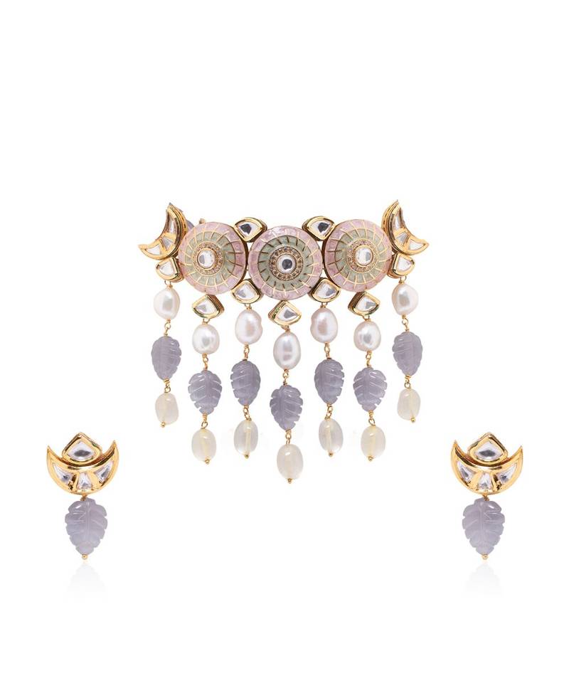 Grey kundan Yellow Gold Brass   Necklace &  Pair of Earring