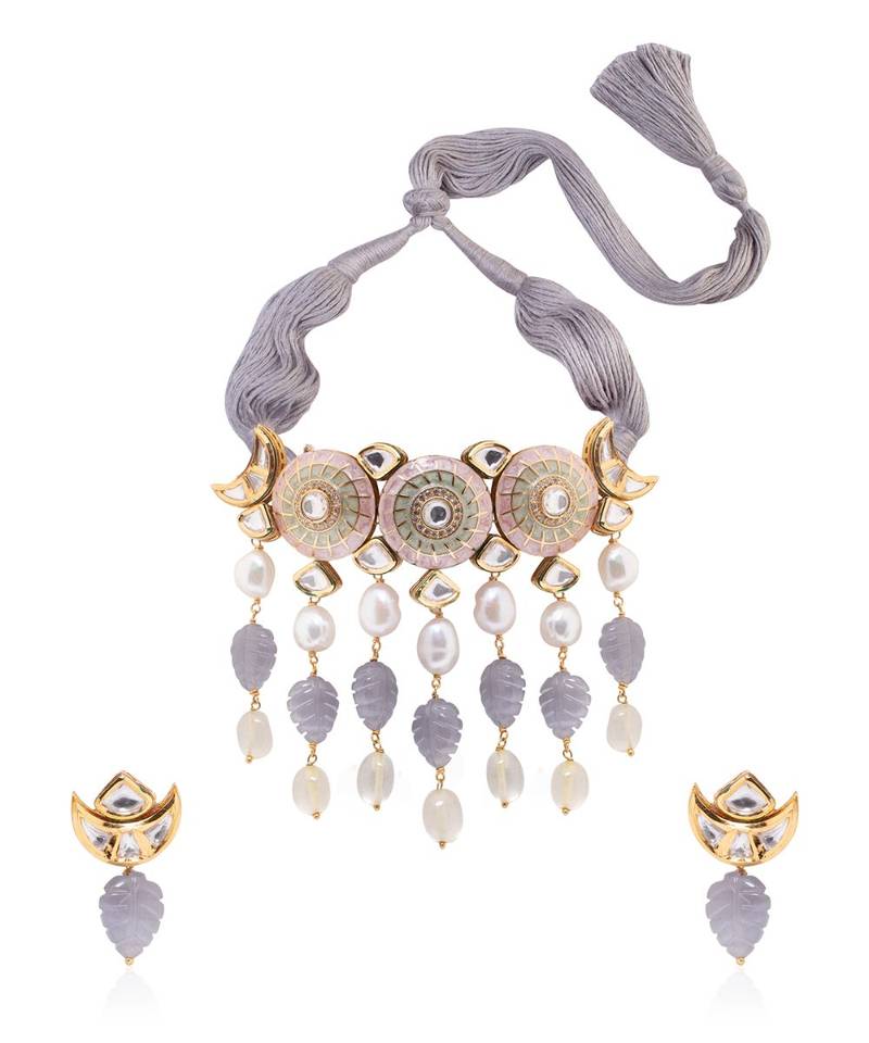 Grey kundan Yellow Gold Brass   Necklace &  Pair of Earring