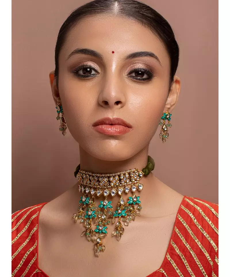 Green kundan Yellow Gold Brass   Necklace &  Pair of Earring