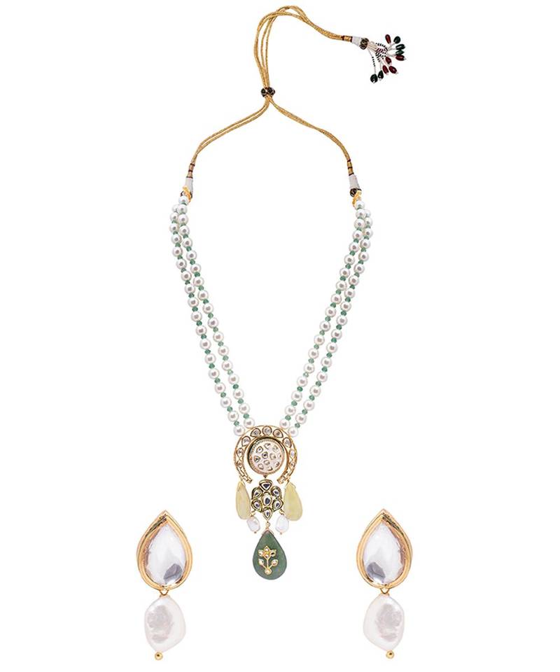 White kundan Yellow Gold Brass   Necklace &  Pair of Earring