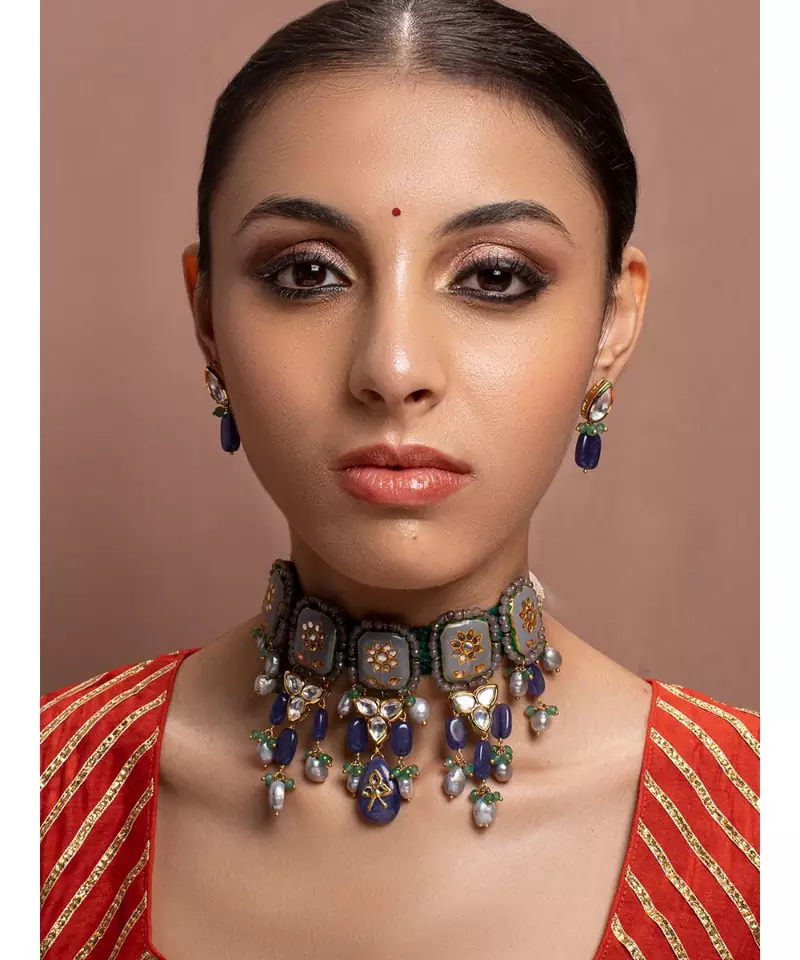 Grey kundan Yellow Gold Brass   Necklace &  Pair of Earring