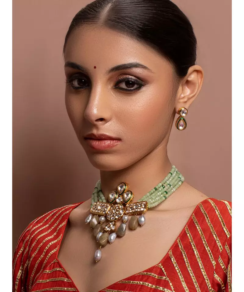 Green kundan Yellow Gold Brass   Necklace &  Pair of Earring