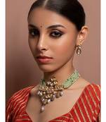 Green kundan Yellow Gold Brass   Necklace &  Pair of Earring