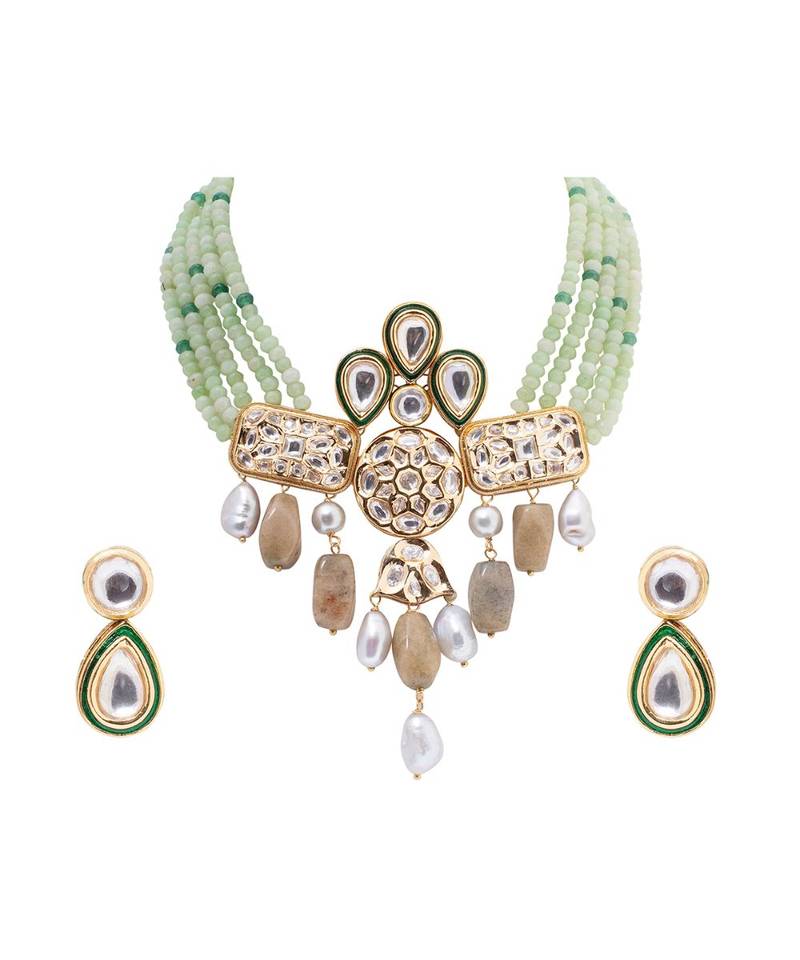 Green kundan Yellow Gold Brass   Necklace &  Pair of Earring
