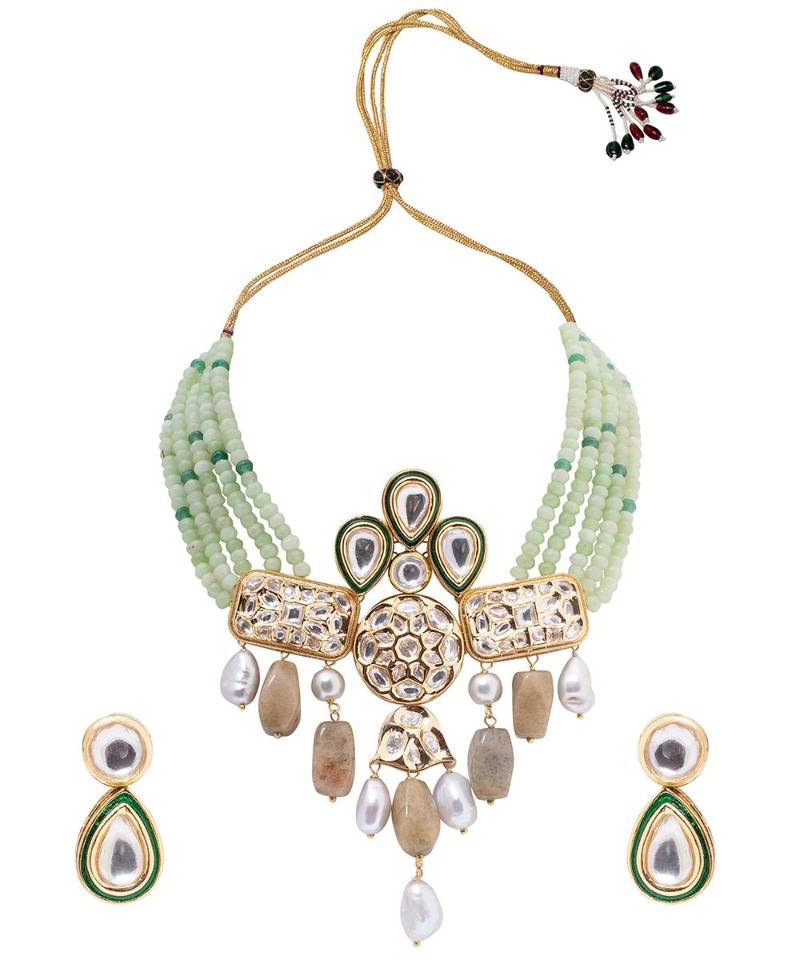 Green kundan Yellow Gold Brass   Necklace &  Pair of Earring