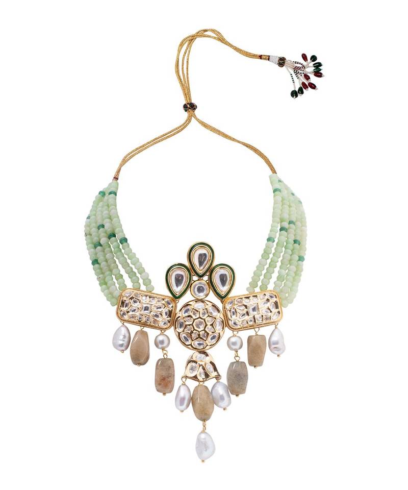 Green kundan Yellow Gold Brass   Necklace &  Pair of Earring