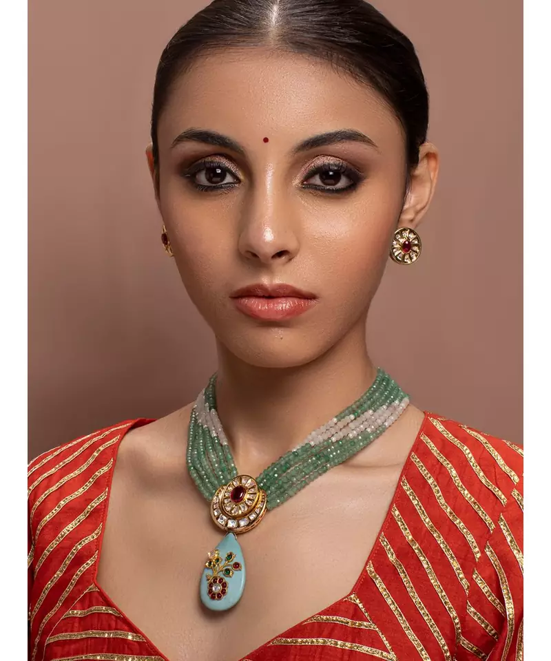 Green kundan Yellow Gold Brass   Necklace &  Pair of Earring