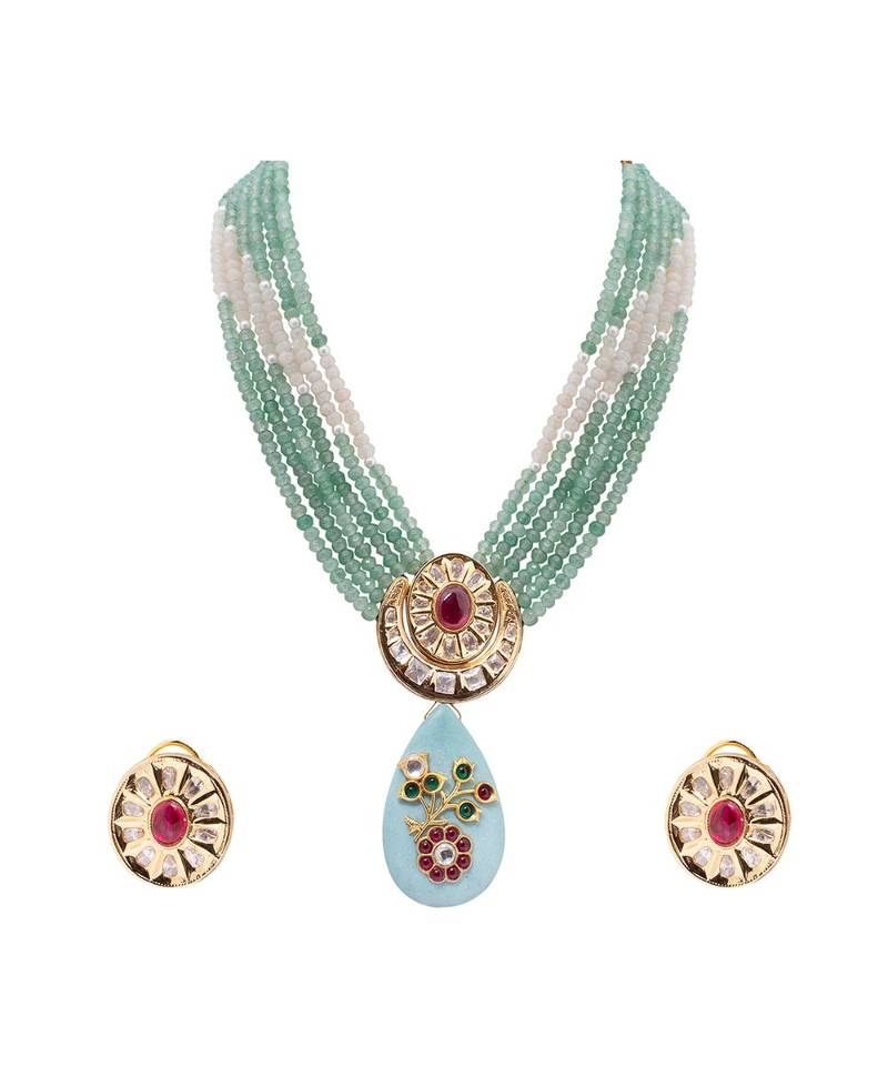Green kundan Yellow Gold Brass   Necklace &  Pair of Earring