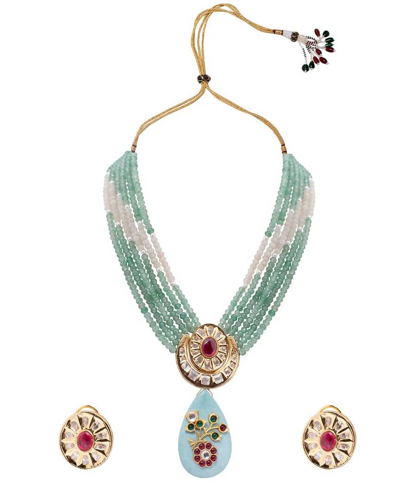 Green kundan Yellow Gold Brass   Necklace &  Pair of Earring
