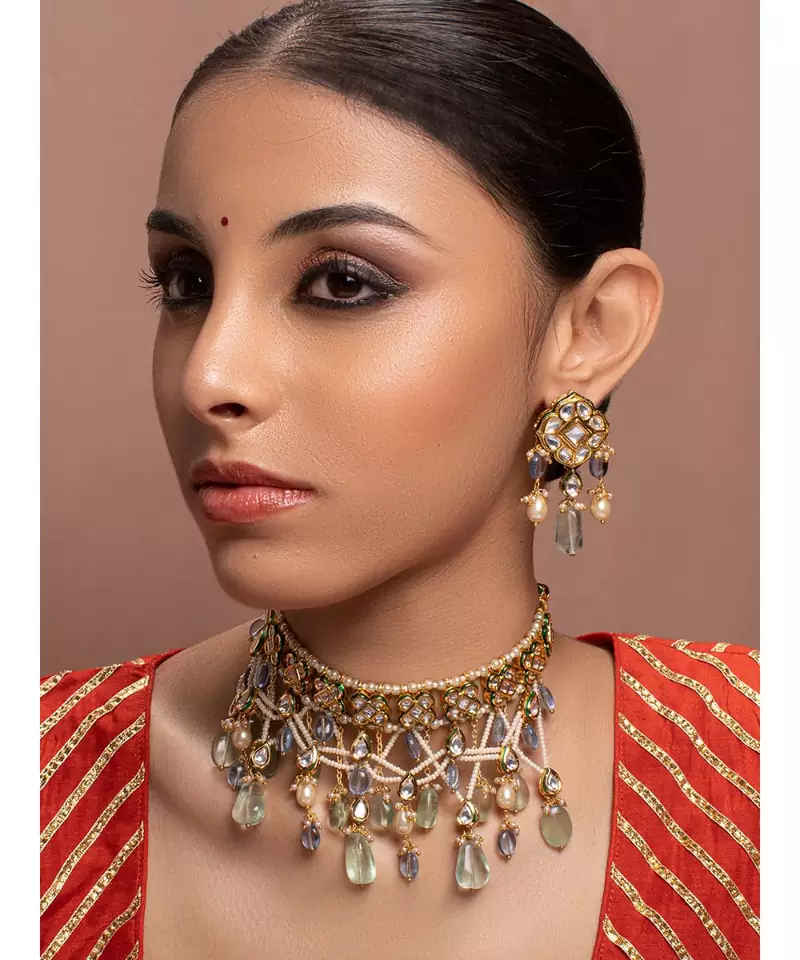 White kundan Yellow Gold Brass   Necklace &  Pair of Earring