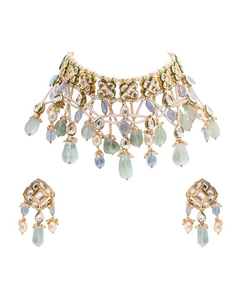 Lush White Green And Blue Necklace Set