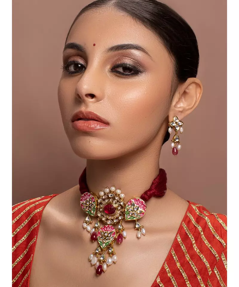Red kundan Yellow Gold Brass   Necklace &  Pair of Earring