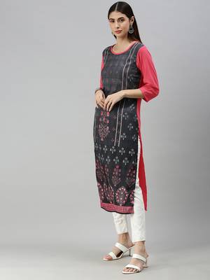Dark Grey Crepe Printed Straight Kurta  3