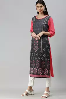 Dark Grey Crepe Printed Straight Kurta 