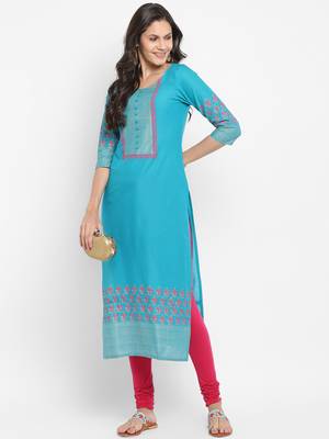  Teal-blue printed cotton kurtis 1