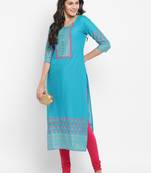 G COLLECTION Teal-blue printed cotton kurtis