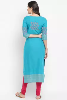  Teal-blue printed cotton kurtis