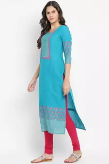  Teal-blue printed cotton kurtis