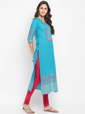  Teal-blue printed cotton kurtis 4