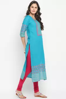  Teal-blue printed cotton kurtis