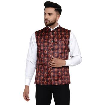 Brown printed satin nehru-jacket 1
