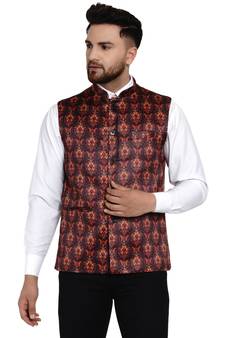 Brown printed satin nehru-jacket