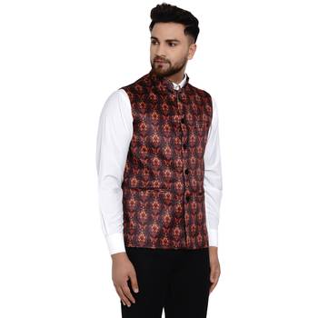 Brown printed satin nehru-jacket 2
