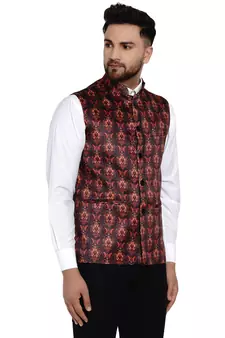 Brown printed satin nehru-jacket