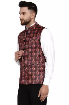 Brown printed satin nehru-jacket