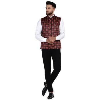 Brown printed satin nehru-jacket 5