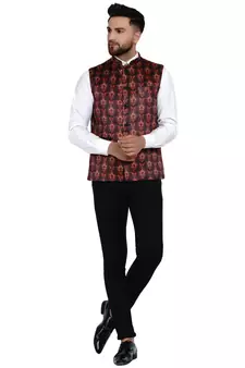 Brown printed satin nehru-jacket
