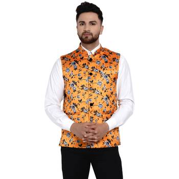 Yellow printed satin nehru-jacket 1