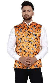 Yellow printed satin nehru-jacket