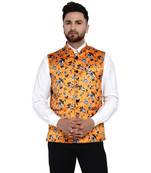 Yellow printed satin nehru-jacket