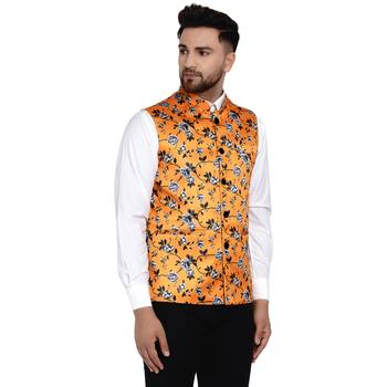 Yellow printed satin nehru-jacket 2