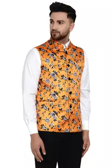 Yellow printed satin nehru-jacket